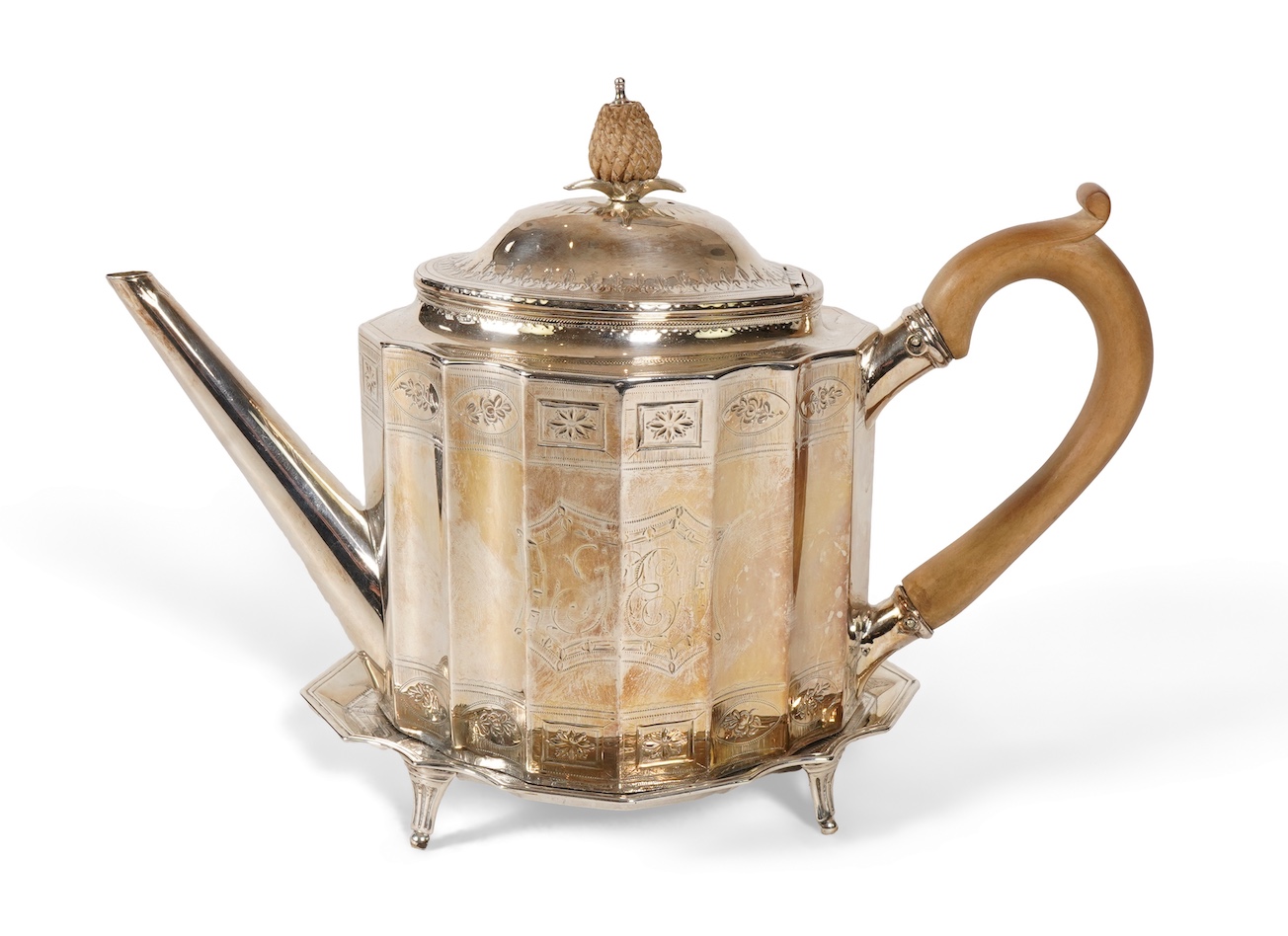 A George III bright cut engraved silver teapot and matching stand by Robert Hennell I